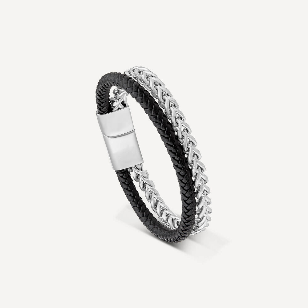 Mens's Black Leather & Steel Double Bracelet image number 2