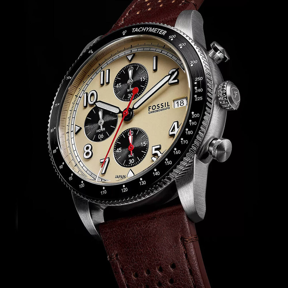 Fossil Sport Tourer Chronograph 42mm Cream Dial Brown Leather Strap Watch image number 3