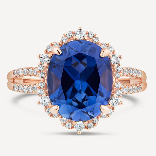 9ct Rose Gold Large Oval Created Sapphire Diamond Surrounding & Shoulders 0.29ct Ring