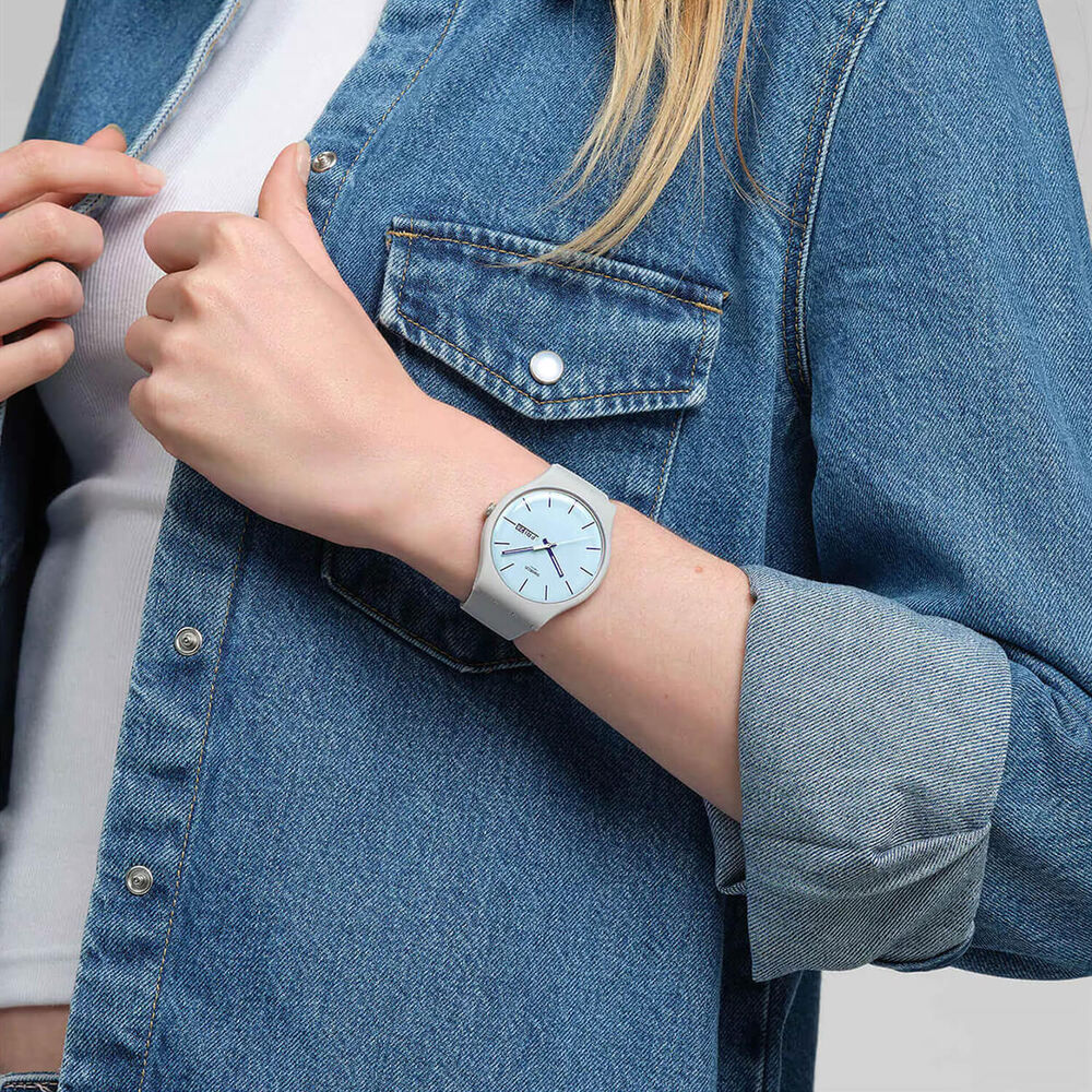 Swatch Blueberry Sky 41mm Light Blue Dial Grey Silicone Strap Watch image number 3