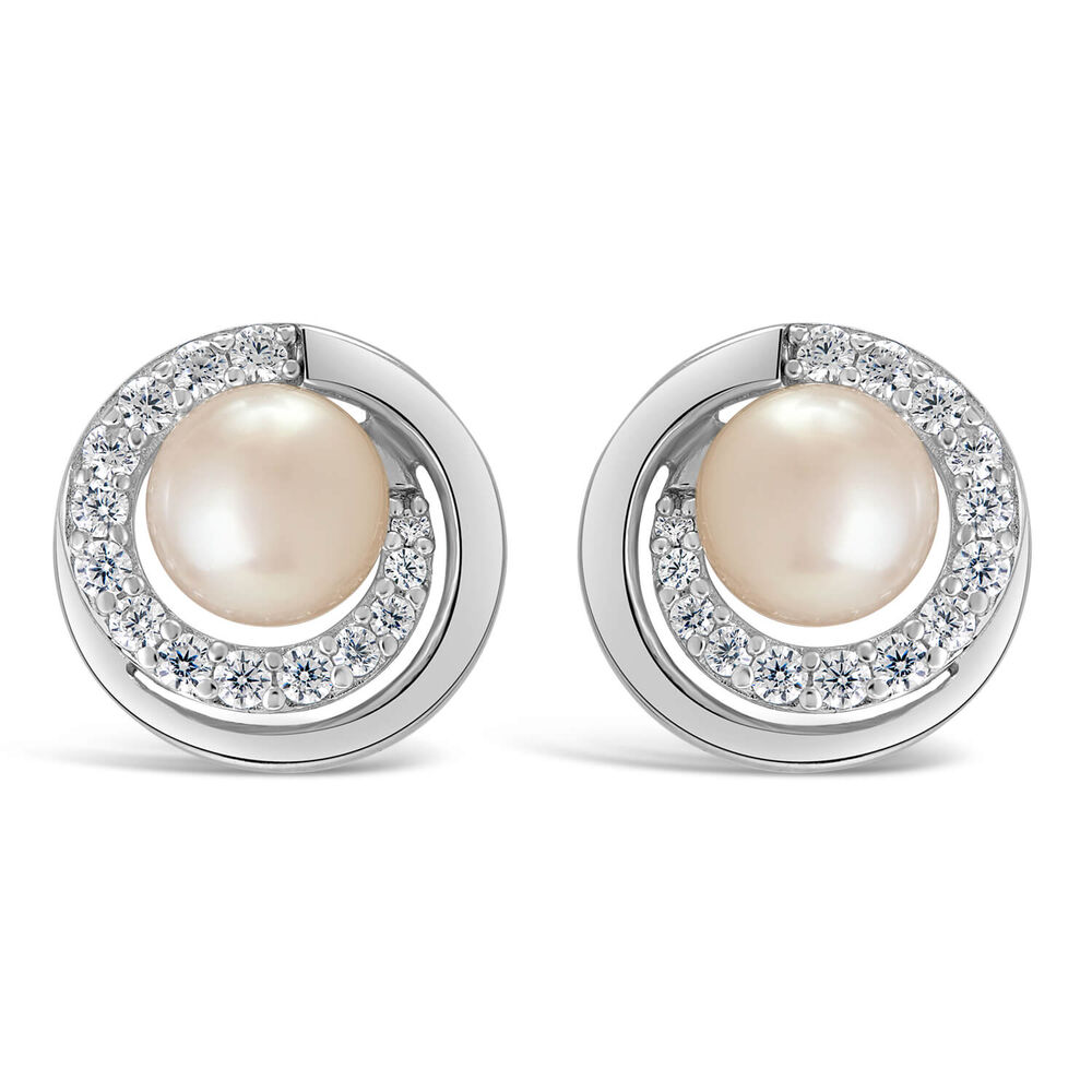 Sterling Silver Freshwater Cultured Pearl and Cubic Zirconia Circle Stud Earrings image number 0