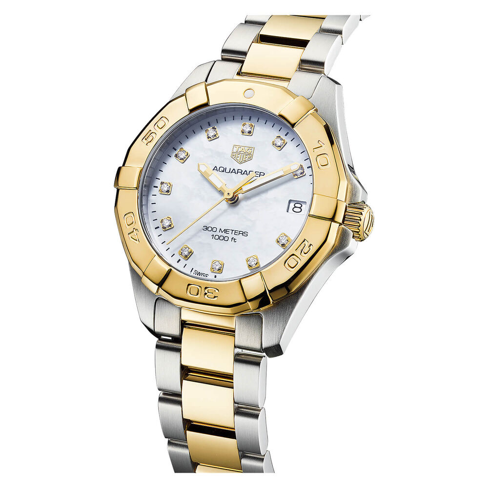 TAG Heuer Aquaracer 32mm Mother of Pearl Diamond Dot Dial Yellow Gold PVD Case Bracelet Watch image number 3