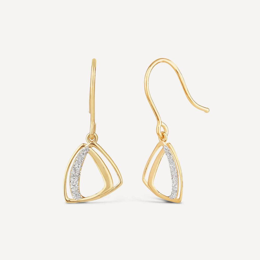 9ct Yellow Gold Double Triangular Glittered Accent Drop Earrings
