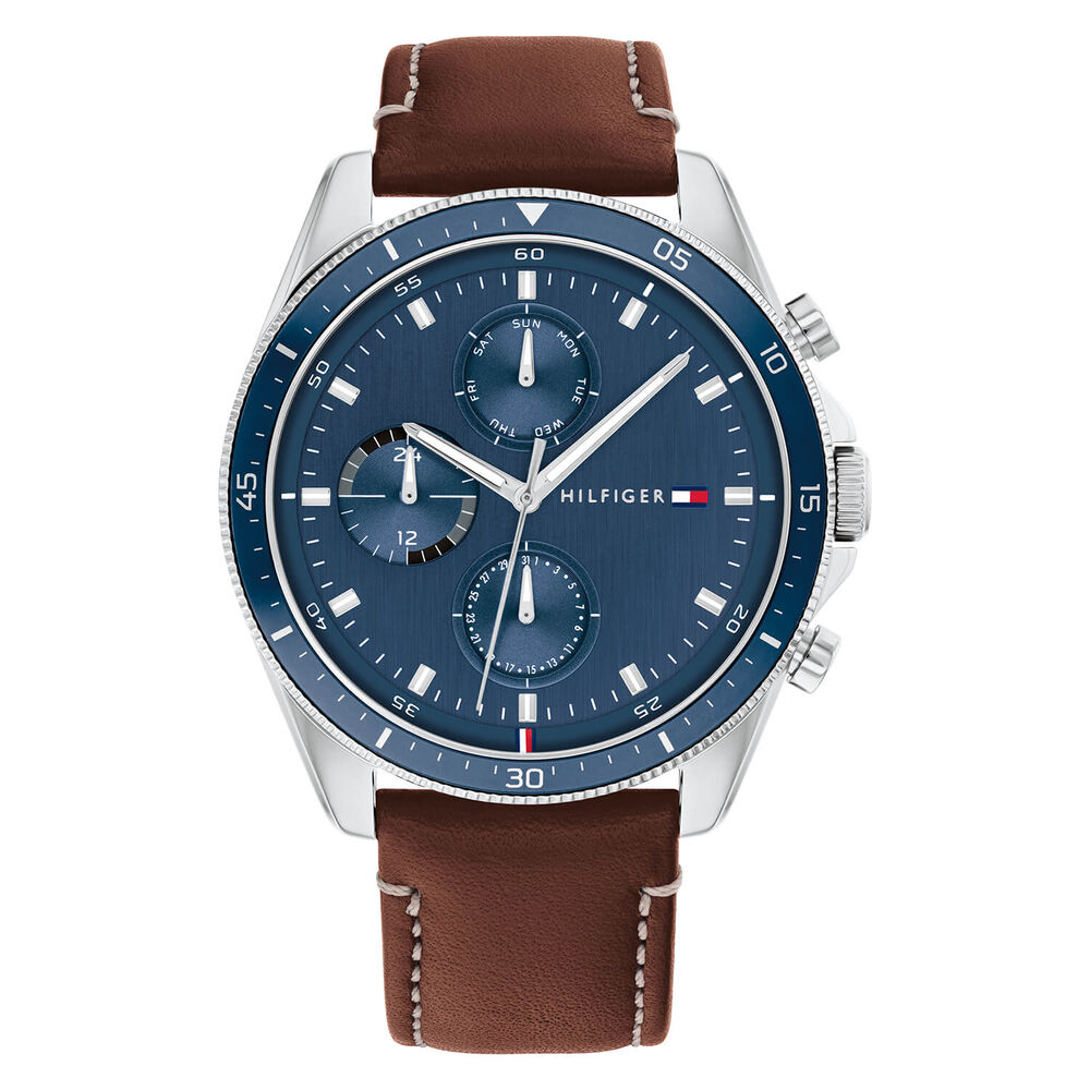Tommy Hilfiger 44mm Blue Dial Chronograph Steel Case Brown Strap Watch
