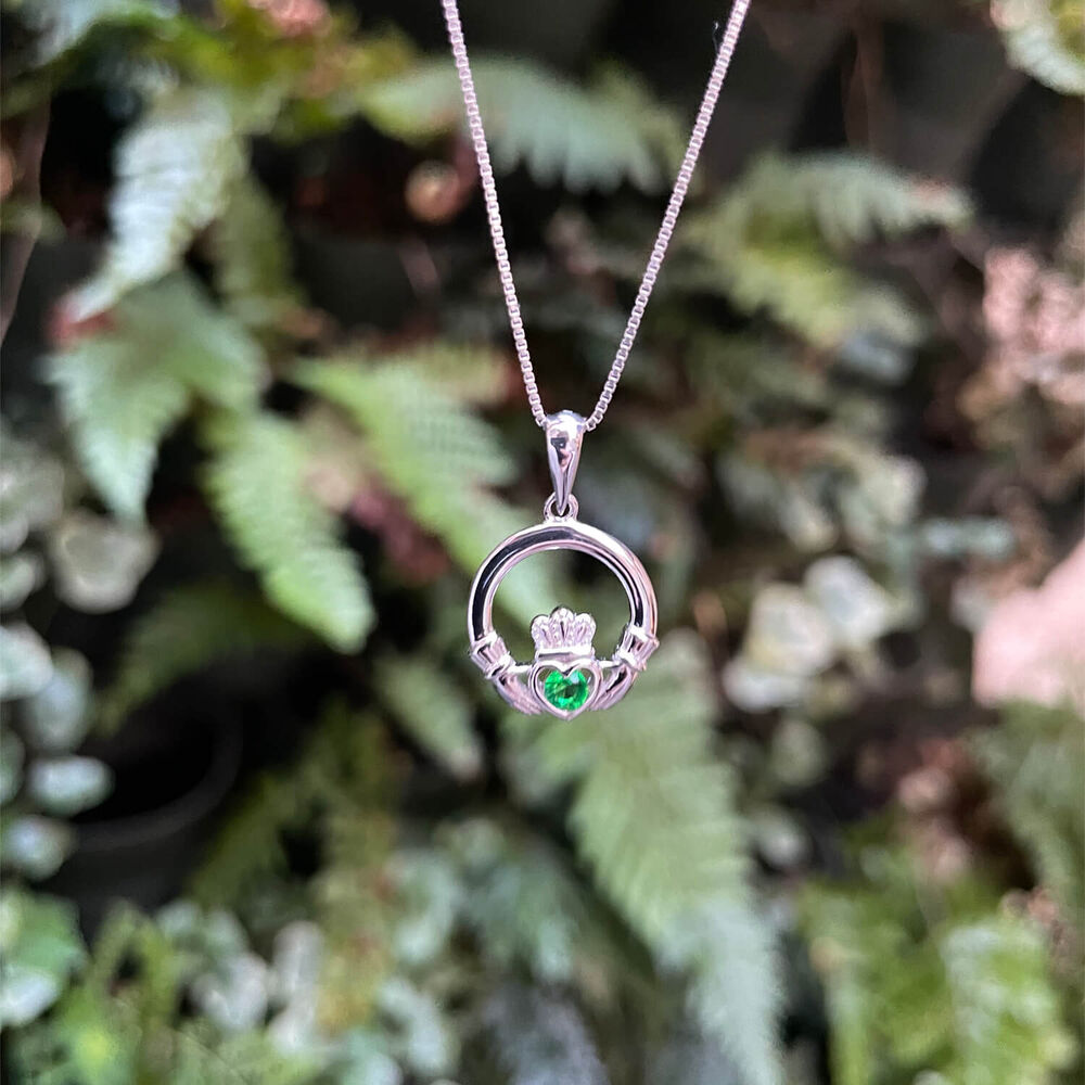 Celtic Claddagh Sterling Silver & Green Cubic Zirconia Pendant image number 1