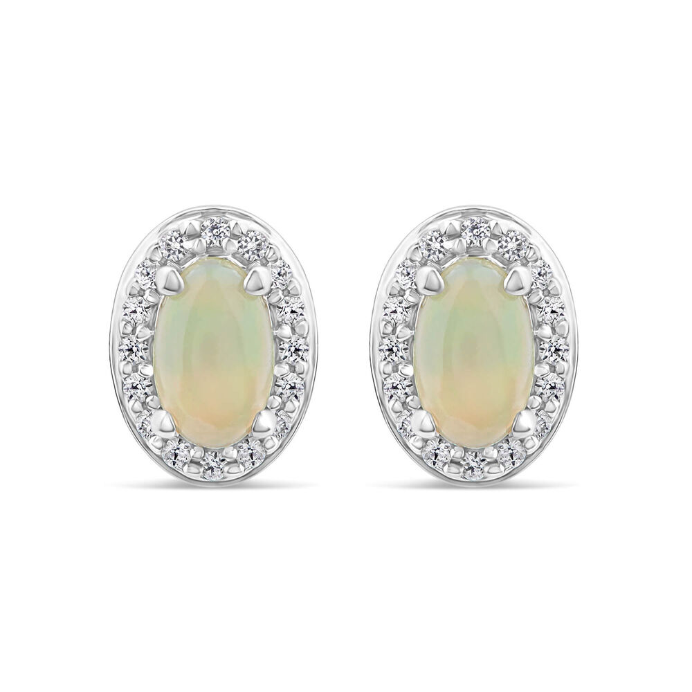 9ct White Gold Oval Opal & 0.10ct Diamond Halo Stud Earrings