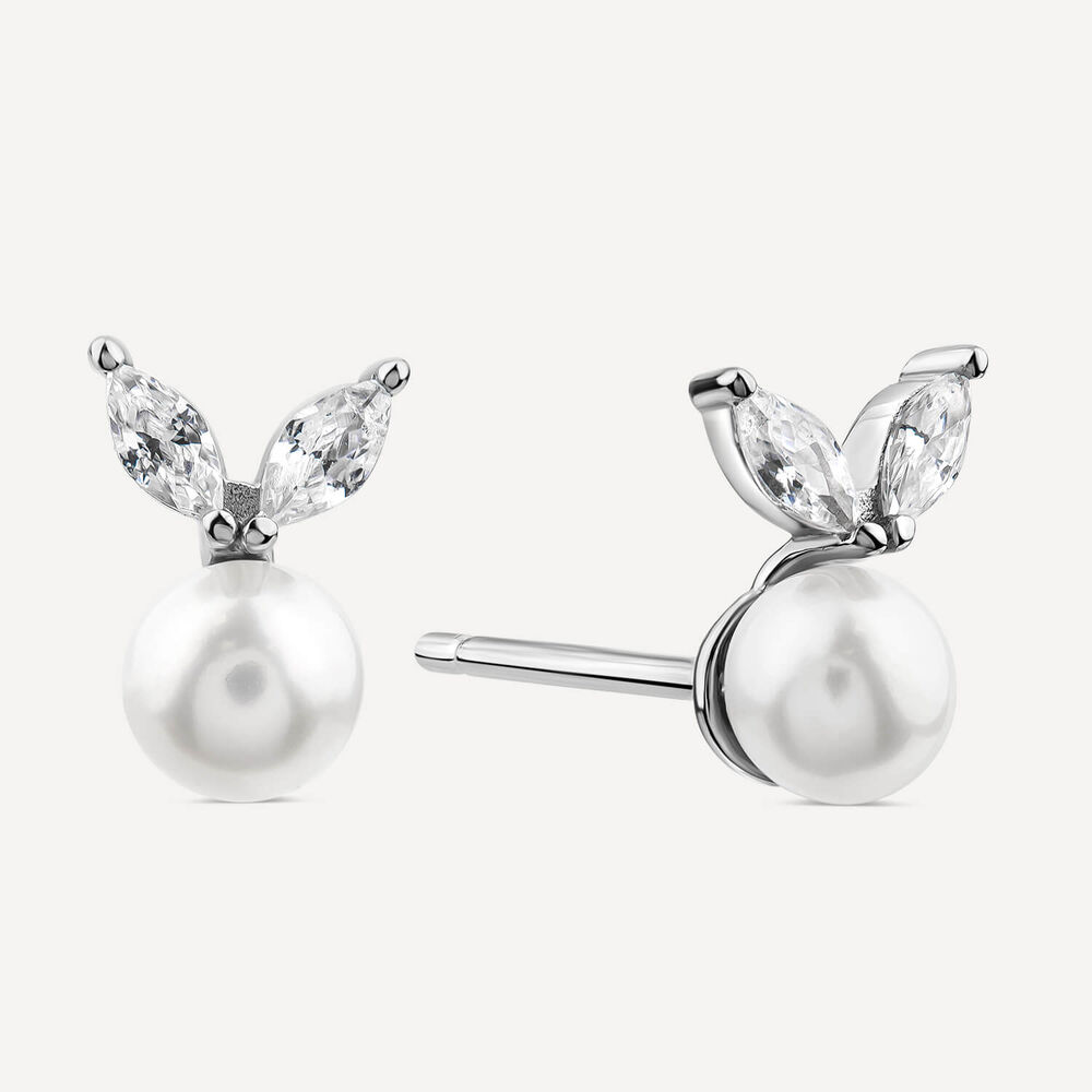 Sterling Silver Pearl With Cubic Zirconia Petals Stud Earrings image number 1
