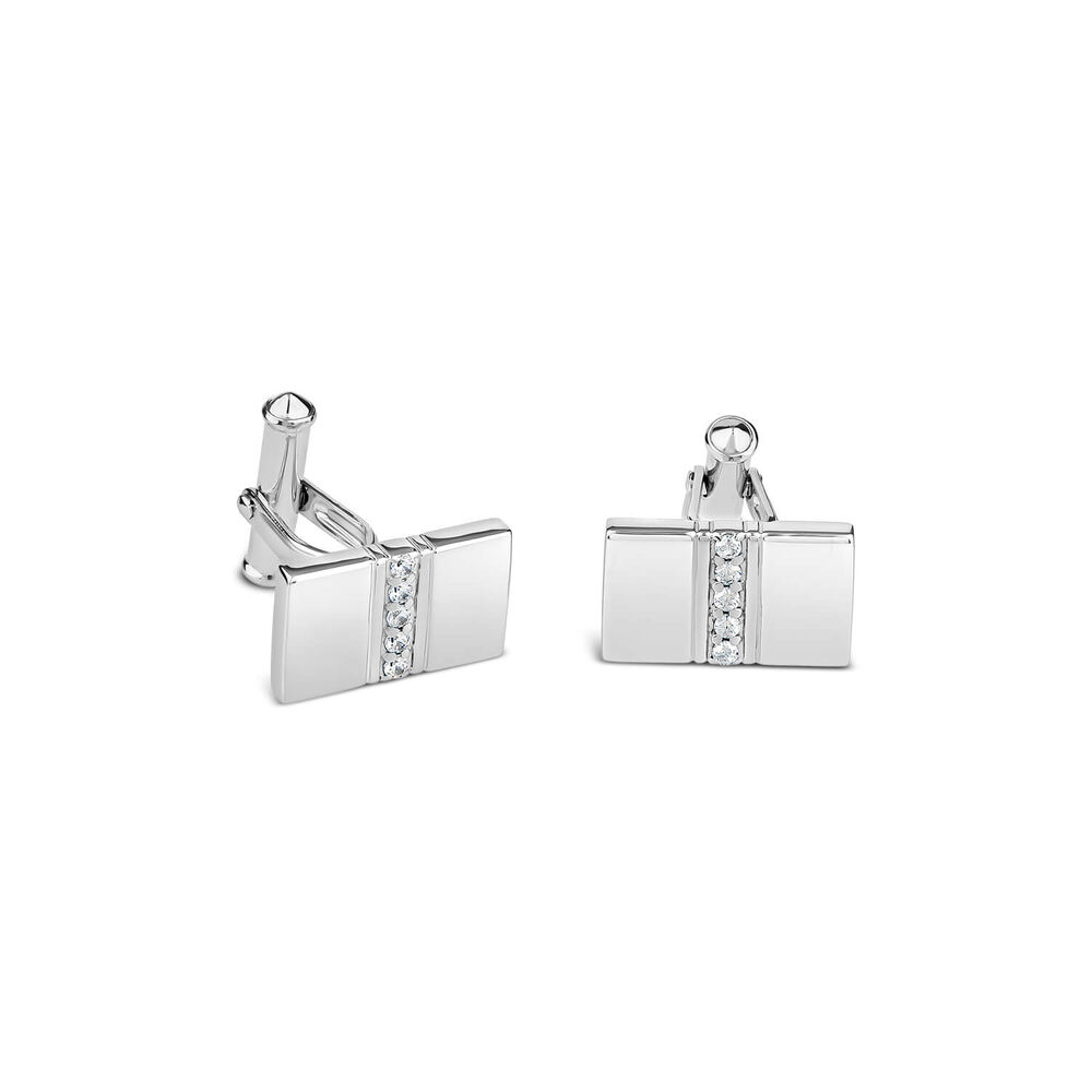 Sterling Silver Rectangular Cubic Zirconia Four Line Centre Cufflinks