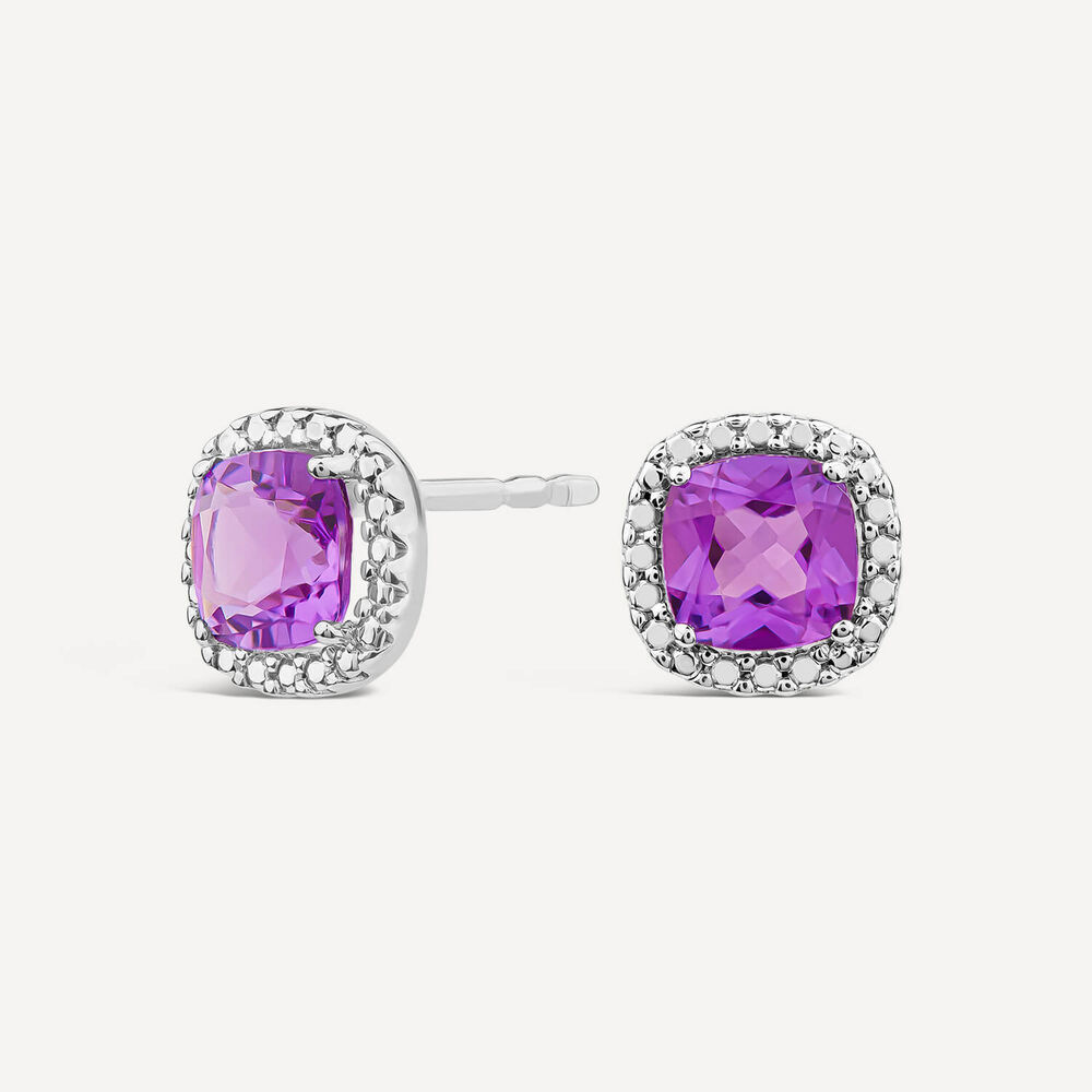 9ct White Gold Amethyst Cushion Stud Earrings image number 1