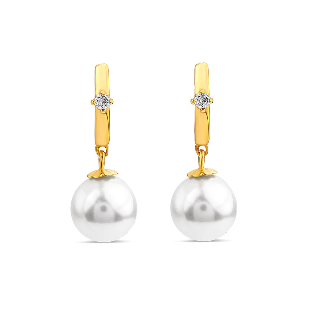 Yellow Gold Plated Sterling Silver Hoop Cubic Zirconia & Pearl Drop Earrings