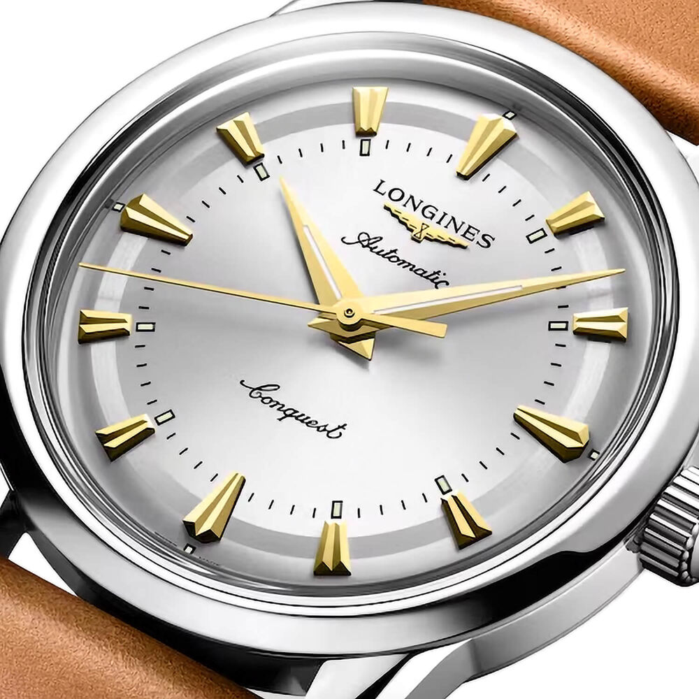 Longines Conquest Heritage 38mm Silver Dial Brown Leather Strap Watch image number 3
