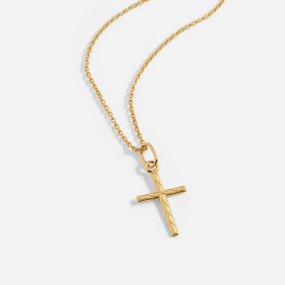 Yellow Gold Plated Sterling Silver Patterned Cross Pendant (Chain Included)