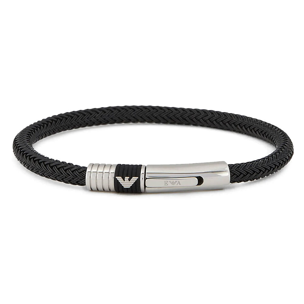 Emporio Armani Black Leather & Stainless Steel Bracelet image number 0