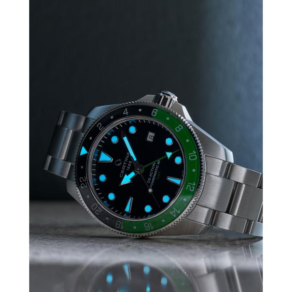 Certina DS Action GMT Powermatic 80 41mm Black Dial Green & Black Bezel Steel Bracelet Watch image number 7