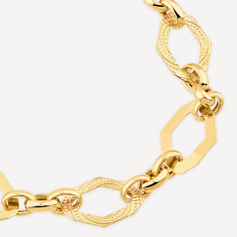 Yellow Gold Plated Sterling Silver Open Oblong Polished & Patterned Hexagons Bracelet image number 1