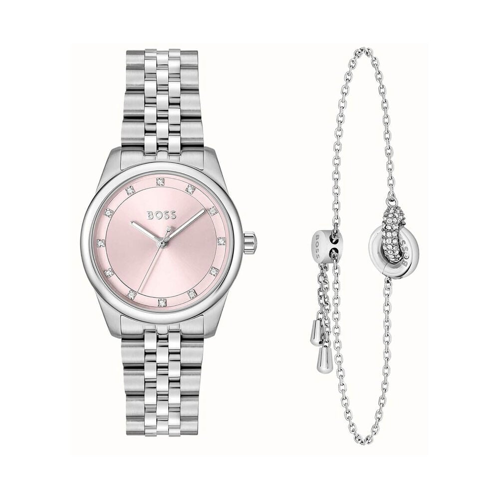 BOSS Graceful Precious 32mm Pink Dial Steel Bracelet Watch & Zirconia Steel Bracelet Gift Set image number 0