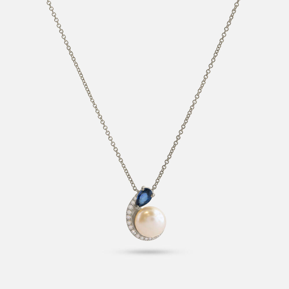 9ct White Gold Freshwater Pearl Sapphire 0.05ct Diamond Set Curl Pendant