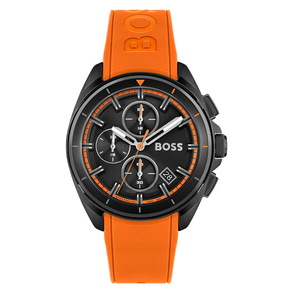 BOSS Volane Chronograph 44mm Quartz Black Dial Steel Case Orange Rubber Strap Watch