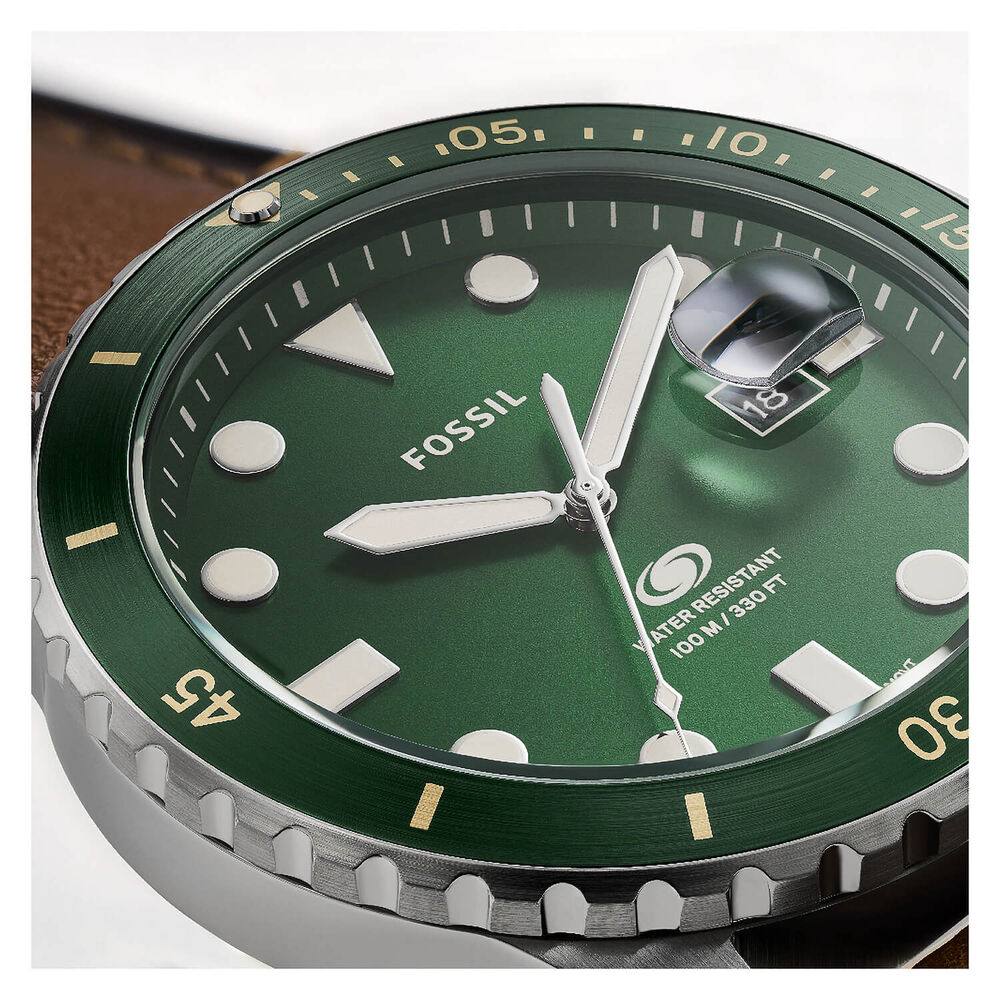 Fossil Blue 42mm Green Dial Tan Leather Strap Watch image number 3