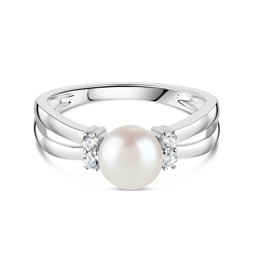 Sterling Silver Pearl and Cubic Zirconia Split Shoulder Ring image number 7