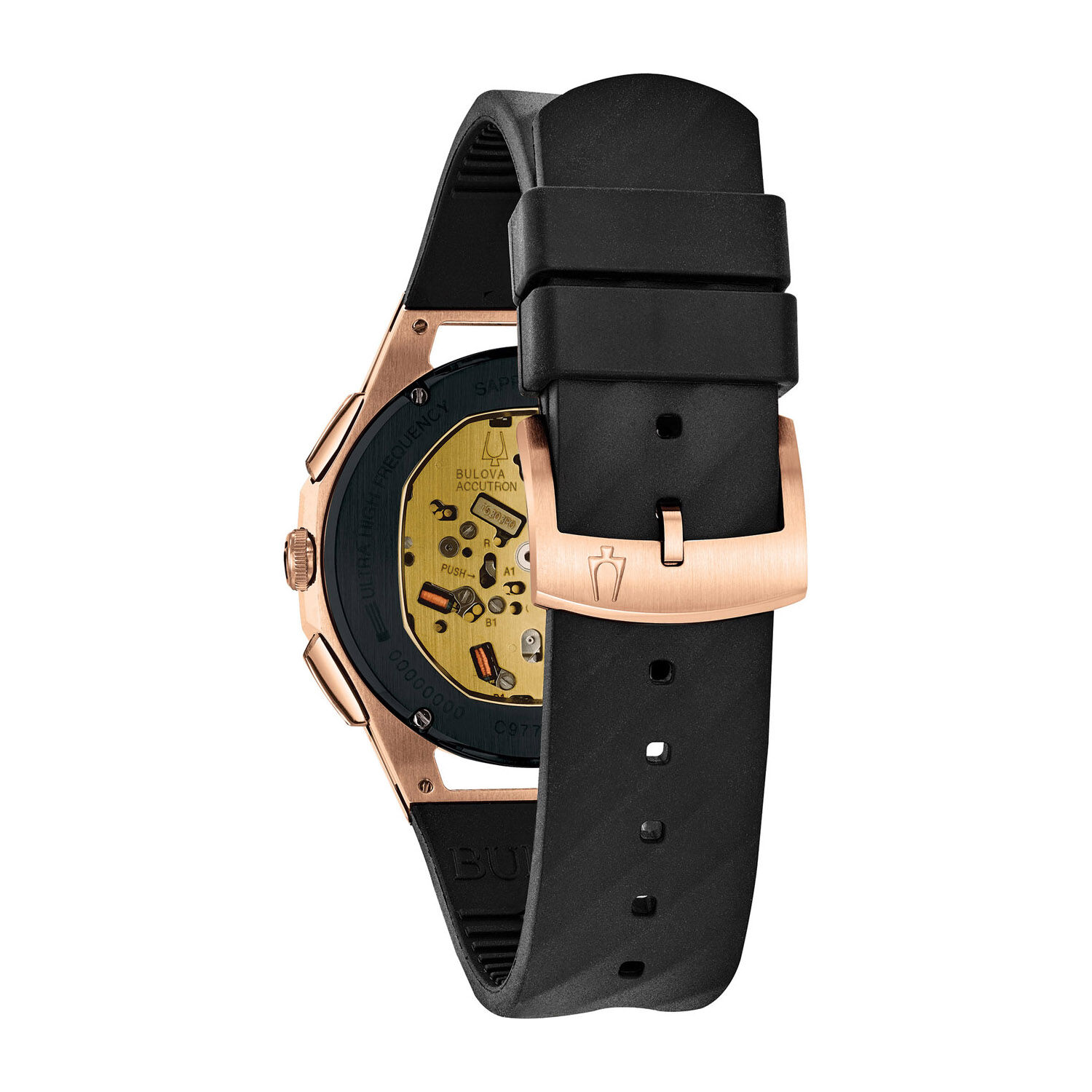 Bulova Curv 44mm Rose Gold Pvd Black Rubber Strap Watch