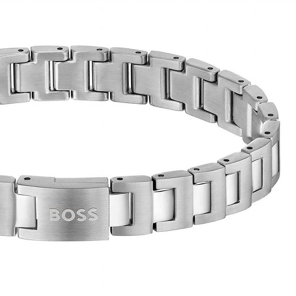 BOSS Candor Silver Tone Link Logo Closure Steel Bracelet