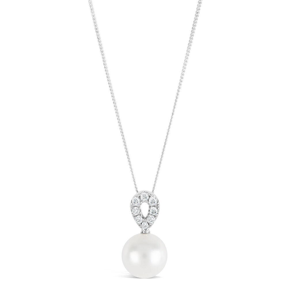 9ct White Gold 0.10ct Diamond and Pearl Loop Top Pendant image number 0
