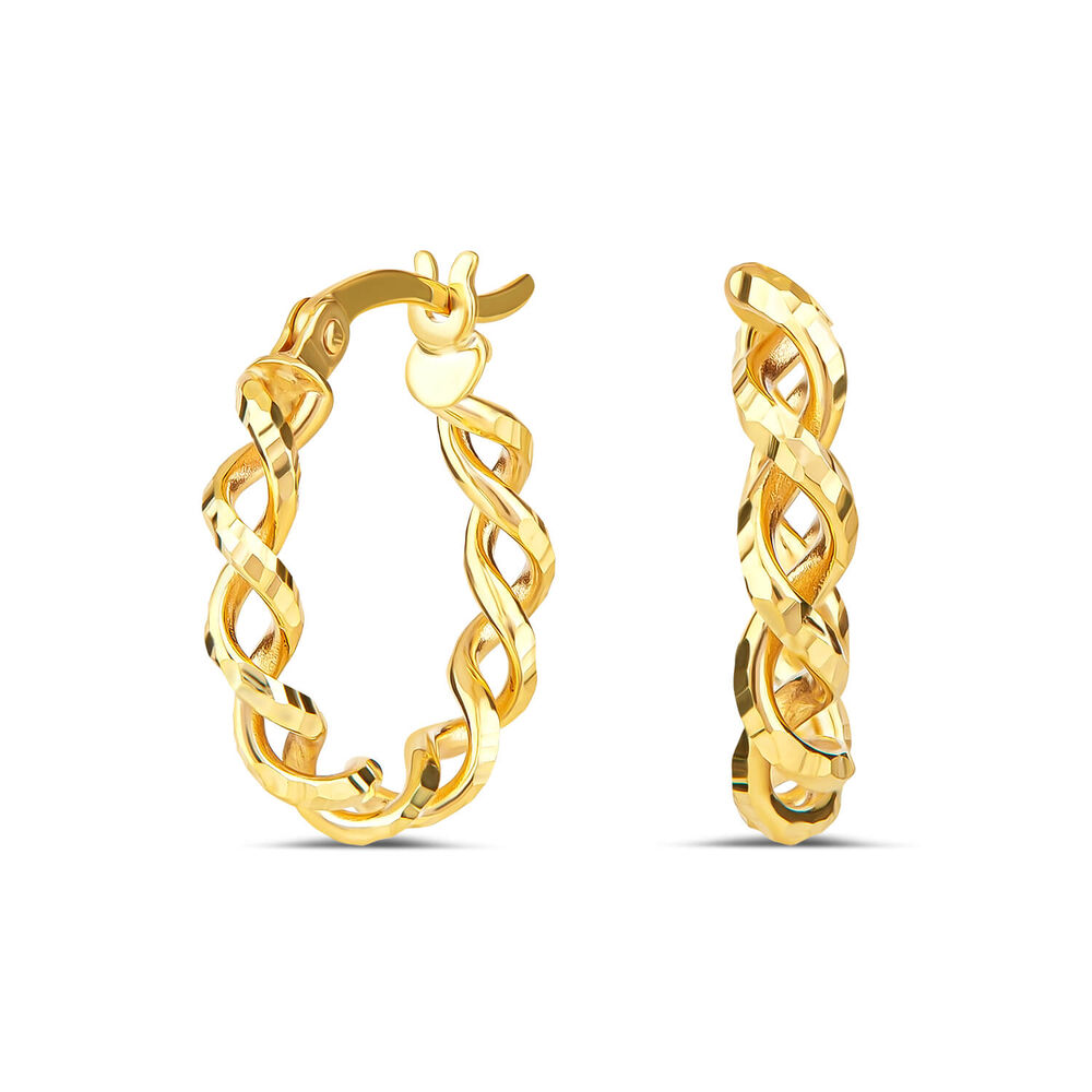 9ct Yellow Gold Diamond Cut Woven Twist Creole Hoop Earrings image number 0