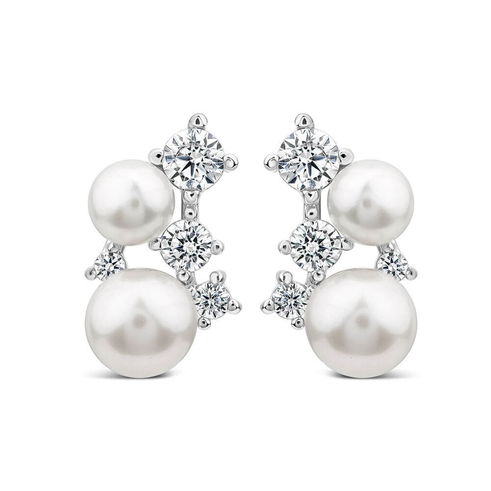 Sterling Silver Pearl & Cubic Zirconia Climber Cluster Earrings image number 0