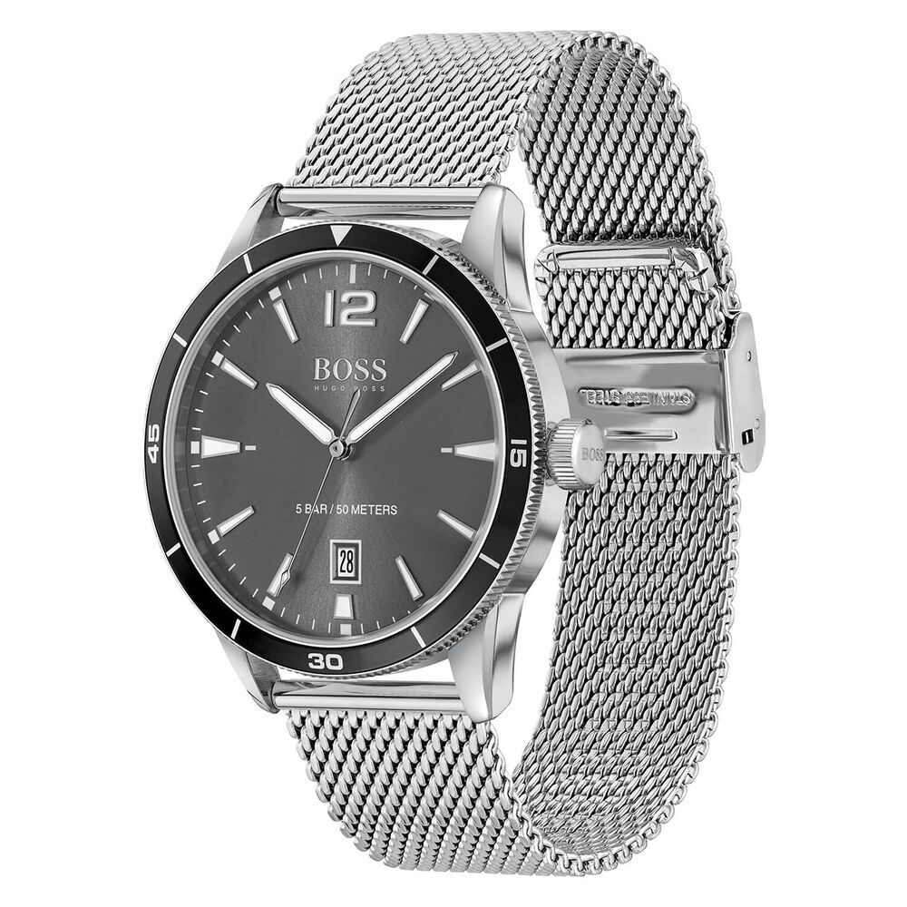 BOSS Drifter 42mm Gray Dial Black Bezel Steel Case Mesh Bracelet Watch