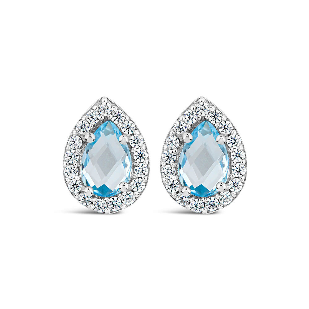 9ct White Gold Pear Blue Topaz & Cubic Zirconia Stud Earrings