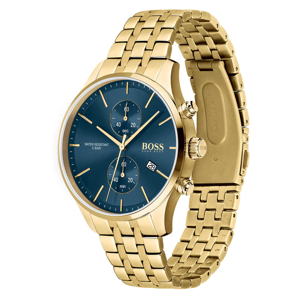 Hugo BOSS Associate 42mm Blue Dial Chronograph Yellow Gold IP Case Bracelet Watch image number 1