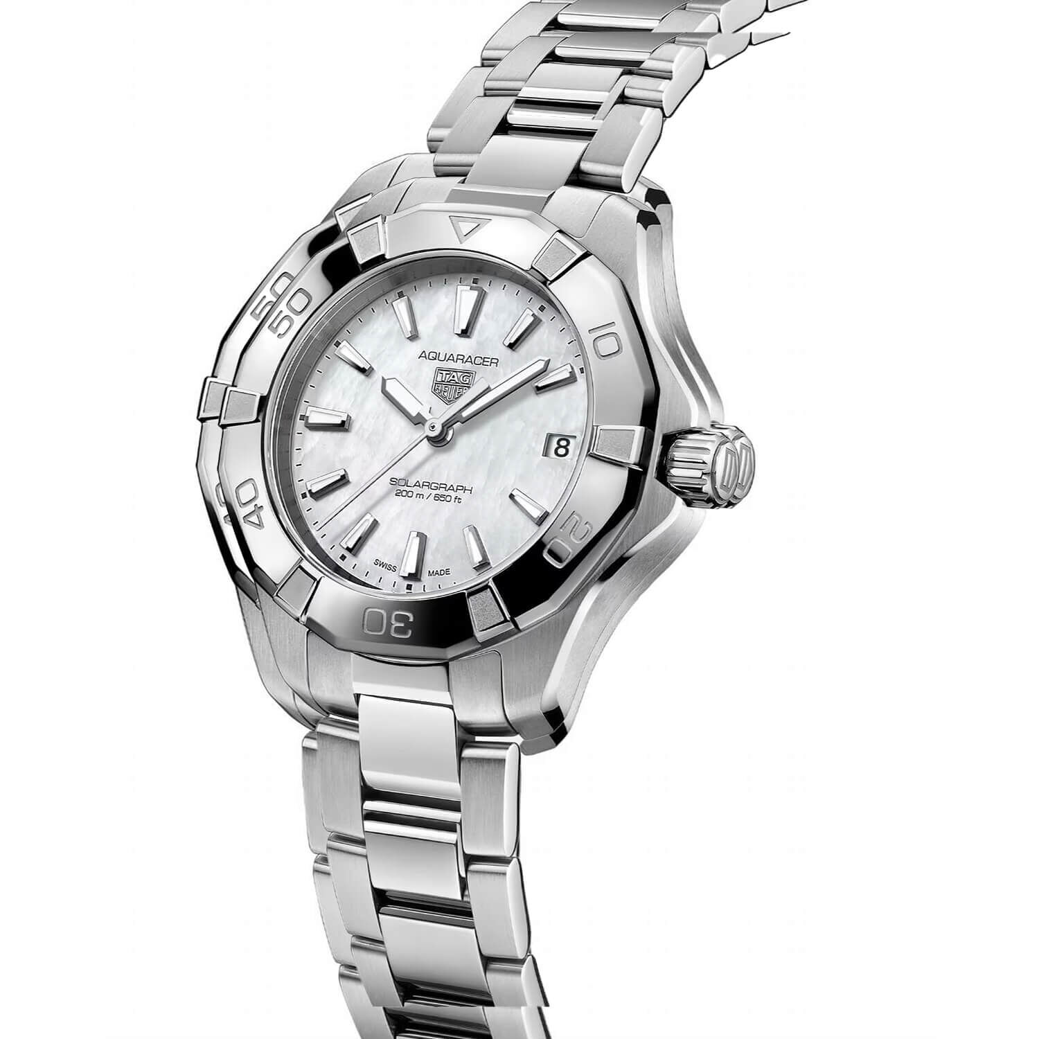 TAG Heuer Aquaracer Professional 200 Solargraph 34mm White MOP Dial Steel Bracelet Watch