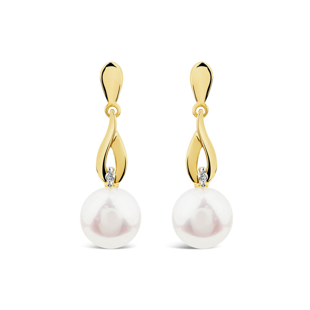 9ct Yellow Gold Freshwater Pearl & Diamond Set Drop Earrings
