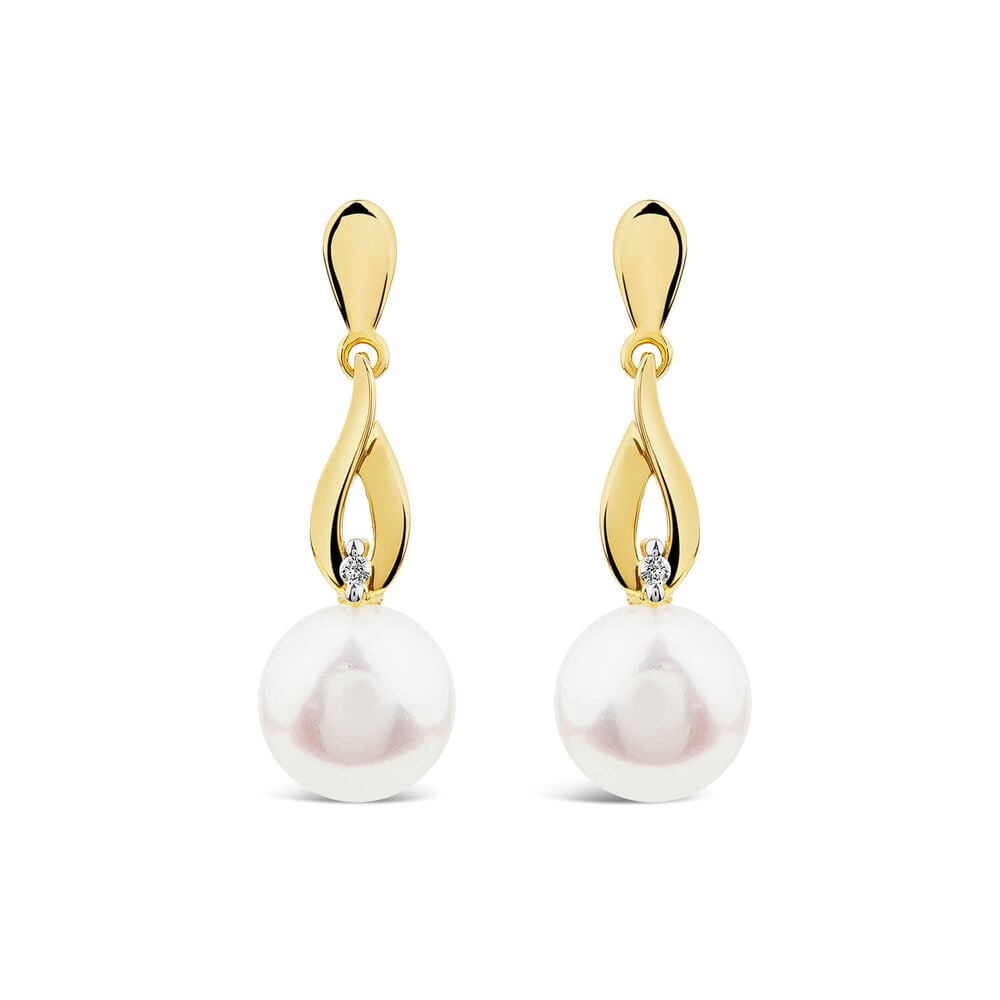 9ct Yellow Gold Freshwater Pearl & Diamond Set Drop Earrings image number 0