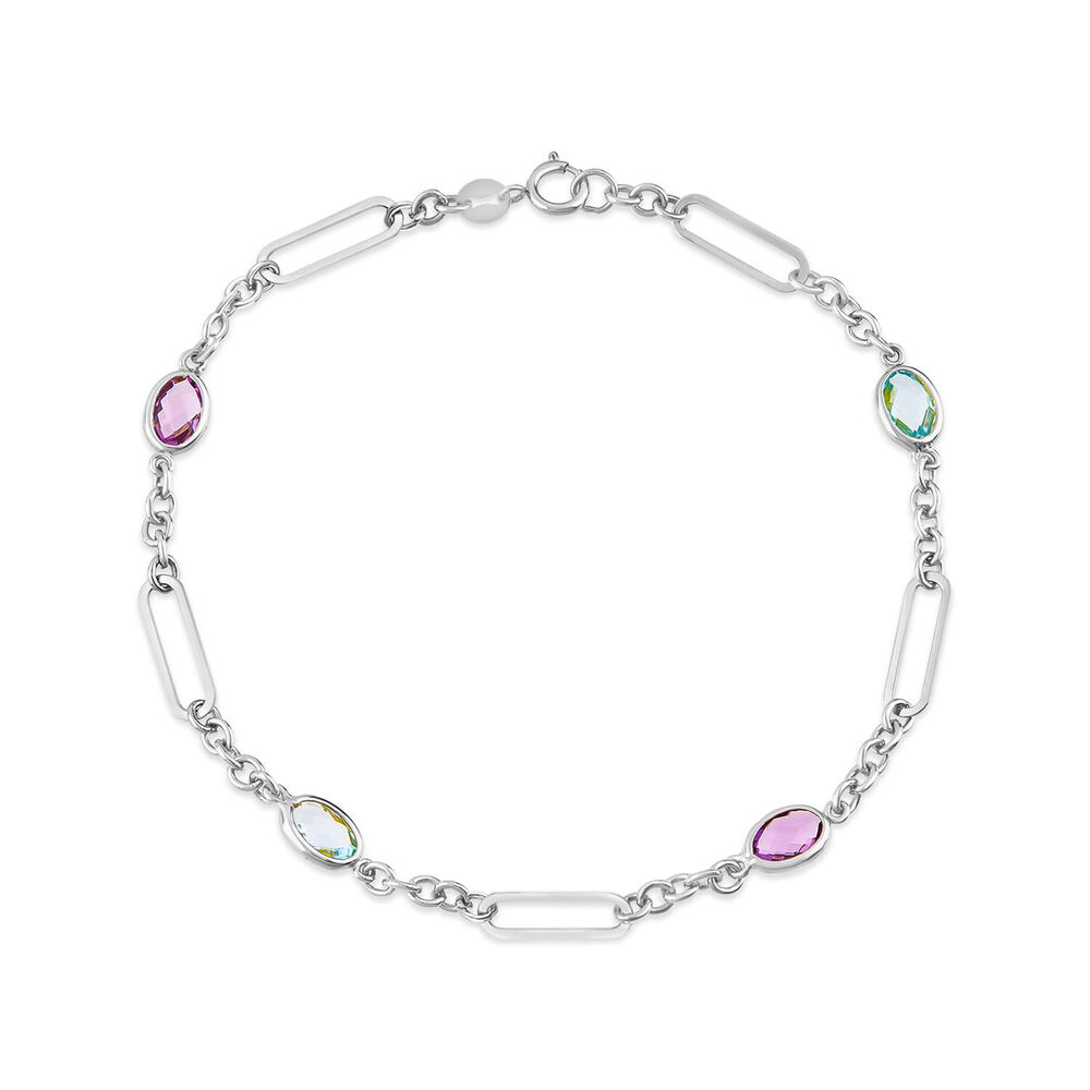 9ct White Gold Oval Amethyst & Blue Topaz Link Bracelet