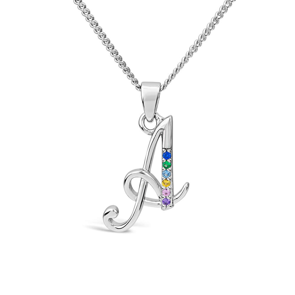Sterling Silver Coloured Stone Set Initial "A" Pendant - Chain Included image number 0