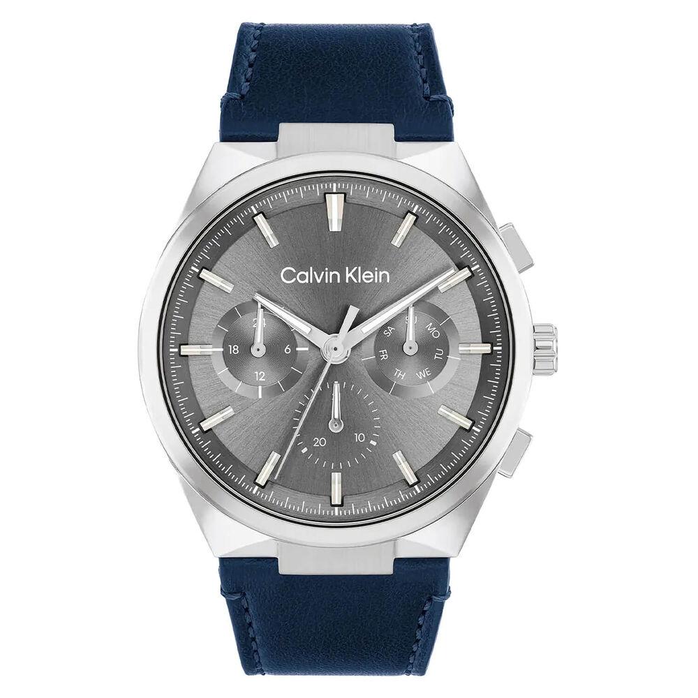 Calvin Klein 44mm Grey Dial Blue Leather Strap Watch