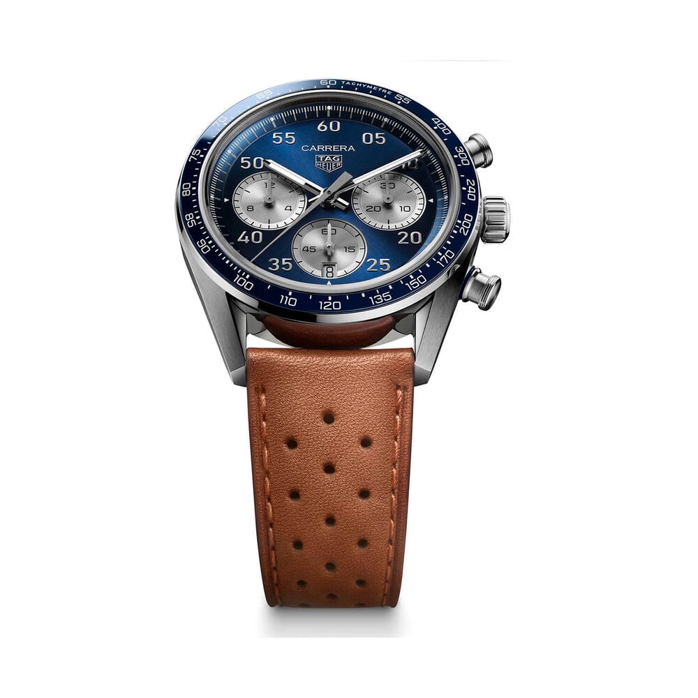 TAG Heuer Carrera Chronograph Sport 42mm Blue Dial Brown Leather Strap Watch