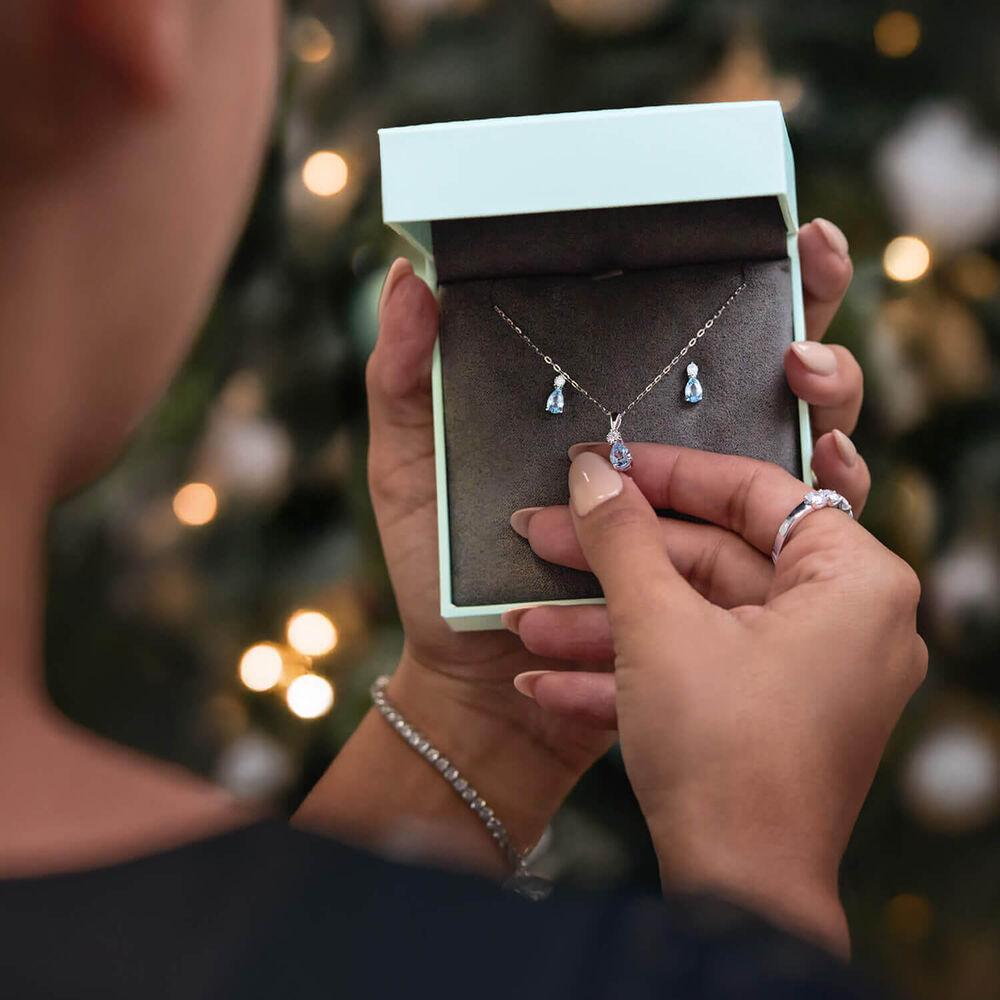 9ct White Gold Pear Blue Topaz & Diamond Top Drop Earrings image number 2