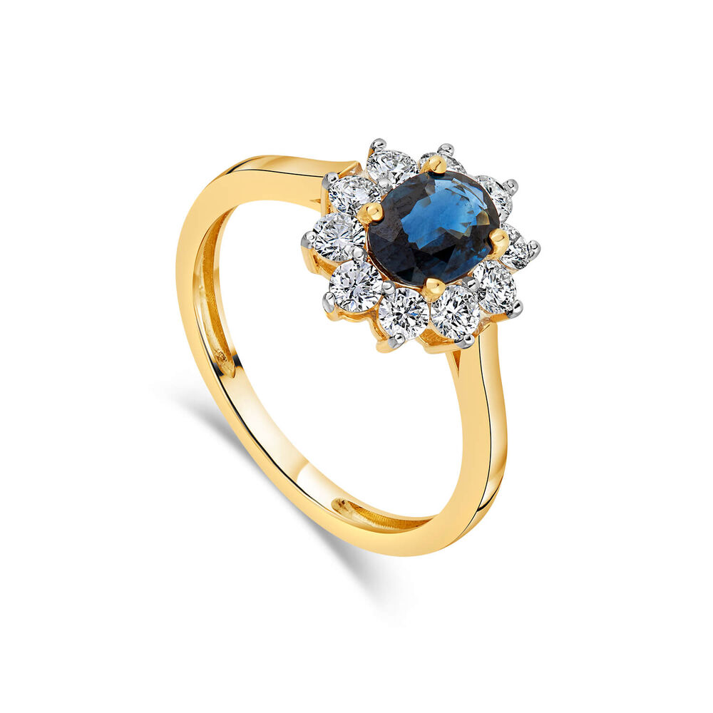 18ct Yellow Gold Sapphire with 0.59 Carat Diamond Cluster Ring