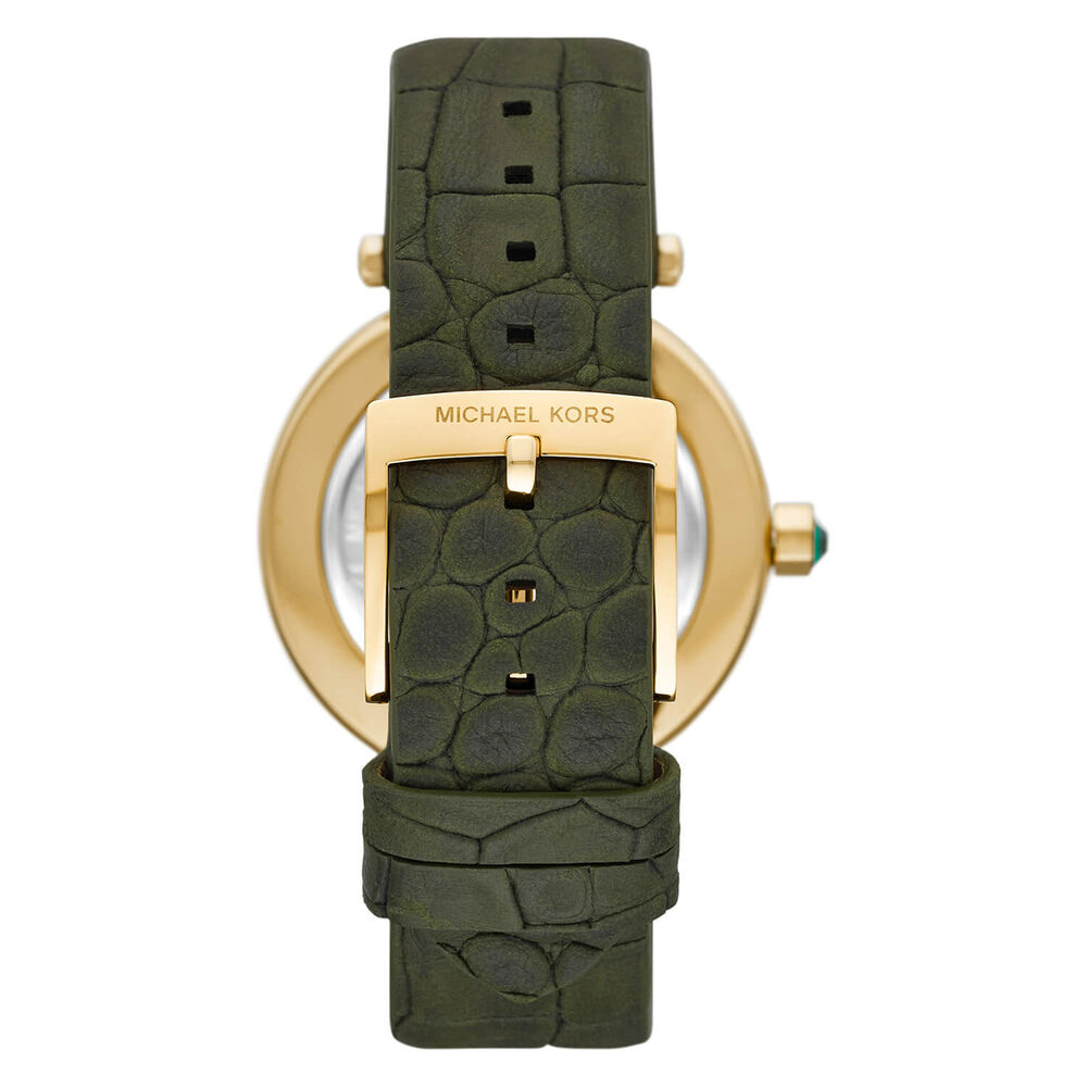 Michael Kors Parker 39mm Green Dial Yellow Gold IP Case Green Leather Strap Watch image number 2