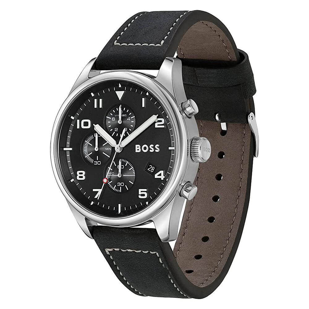 BOSS View 44mm Black Dial Black Leather Strap Watch