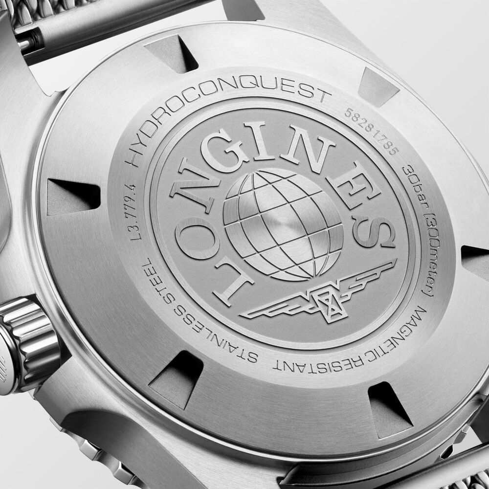 Longines HydroConquest 39mm Black Dial Blue Bezel Steel Mesh Bracelet Watch