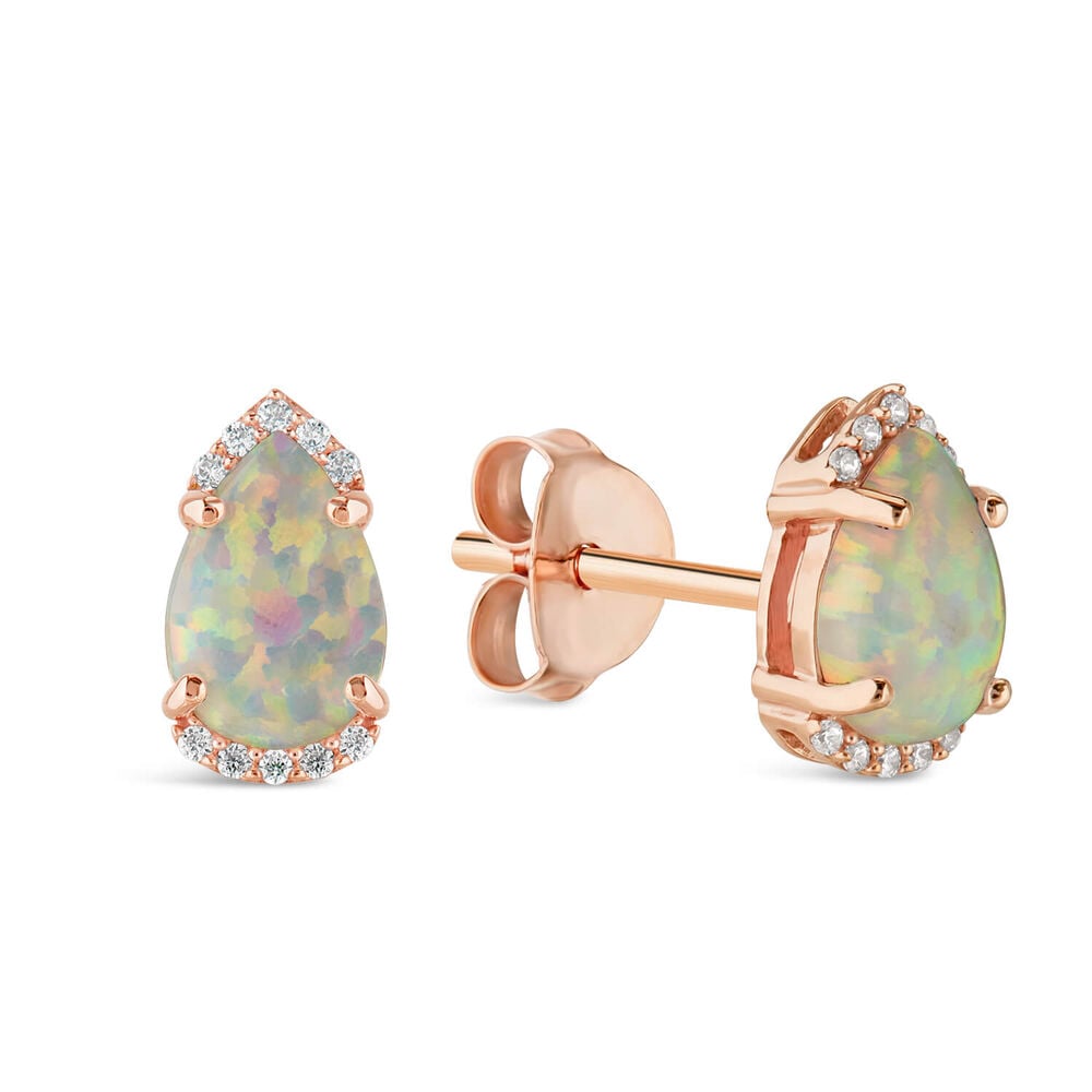 9ct Rose Gold Pear Opal Diamond Top & Bottom Stud Earrings image number 1