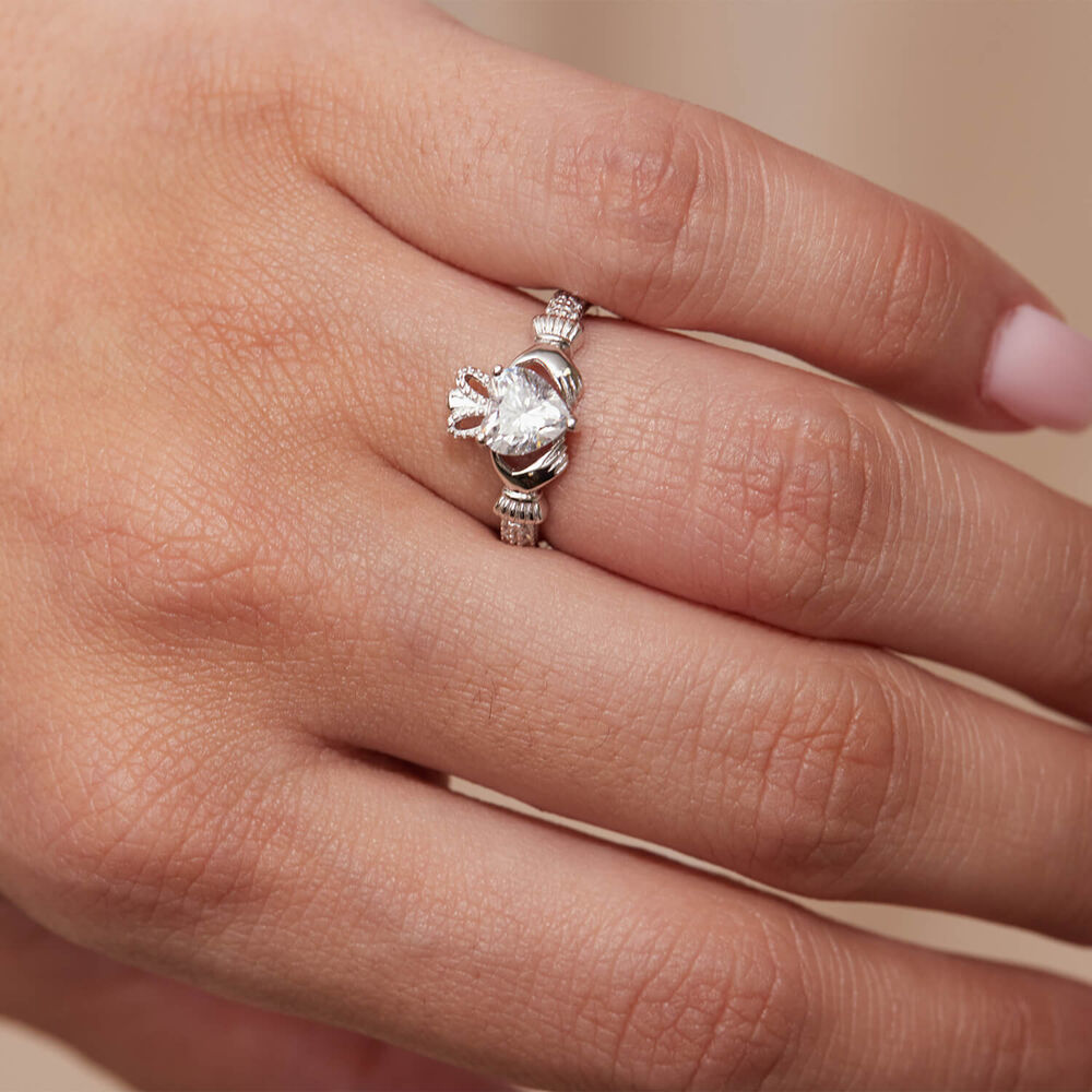 Sterling Silver Claddagh Birthstone April Cubic Zirconia Shoulder Set Ring image number 2