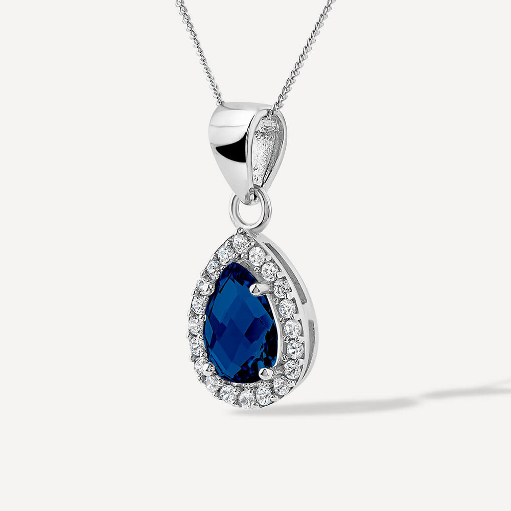 9ct White Gold Created Pear Sapphire & Cubic Zirconia Pendant image number 1