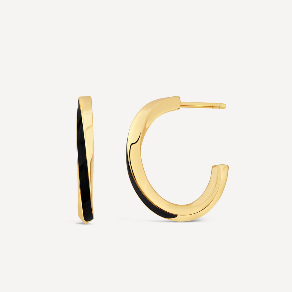 Silver & Yellow Gold Plated Black Enamel Curved Hoop Earrings