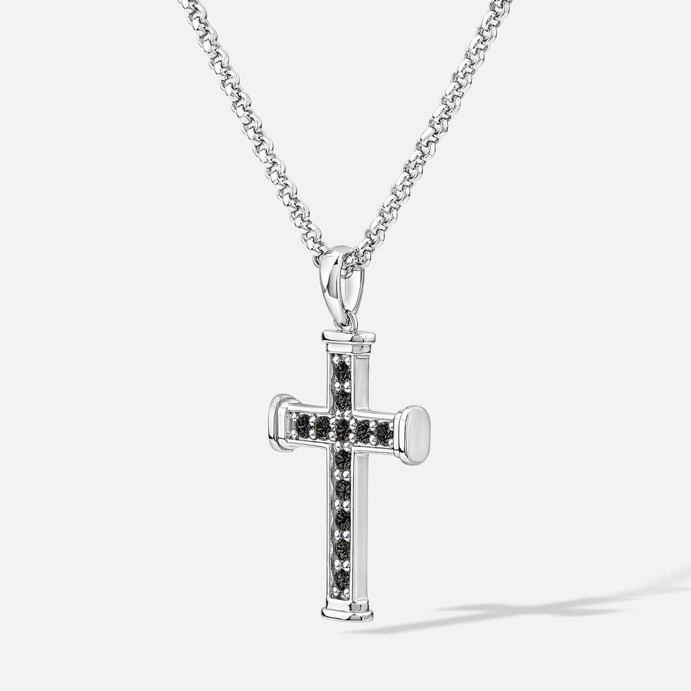 Sterling Silver Black Cubic Zirconia Cross Belcher Chain Pendant