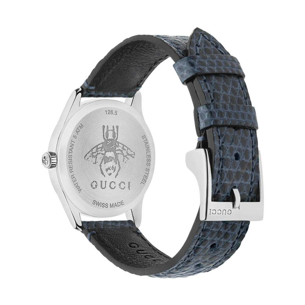 Pre-Owned Gucci G-Timeless 29mm Mother of Pearl Dial Blue Leather Strap Watch
